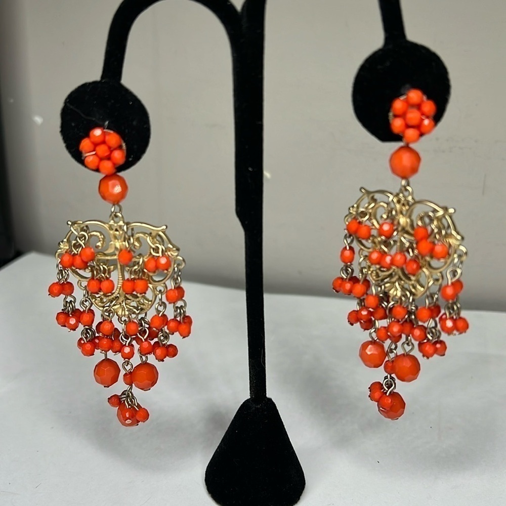 3.5” Intricate Chandelier Pierced Faux Coral Lightweight Earrings